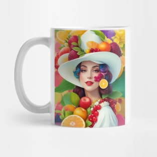 А woman with a white hat and some colorful fruity Mug